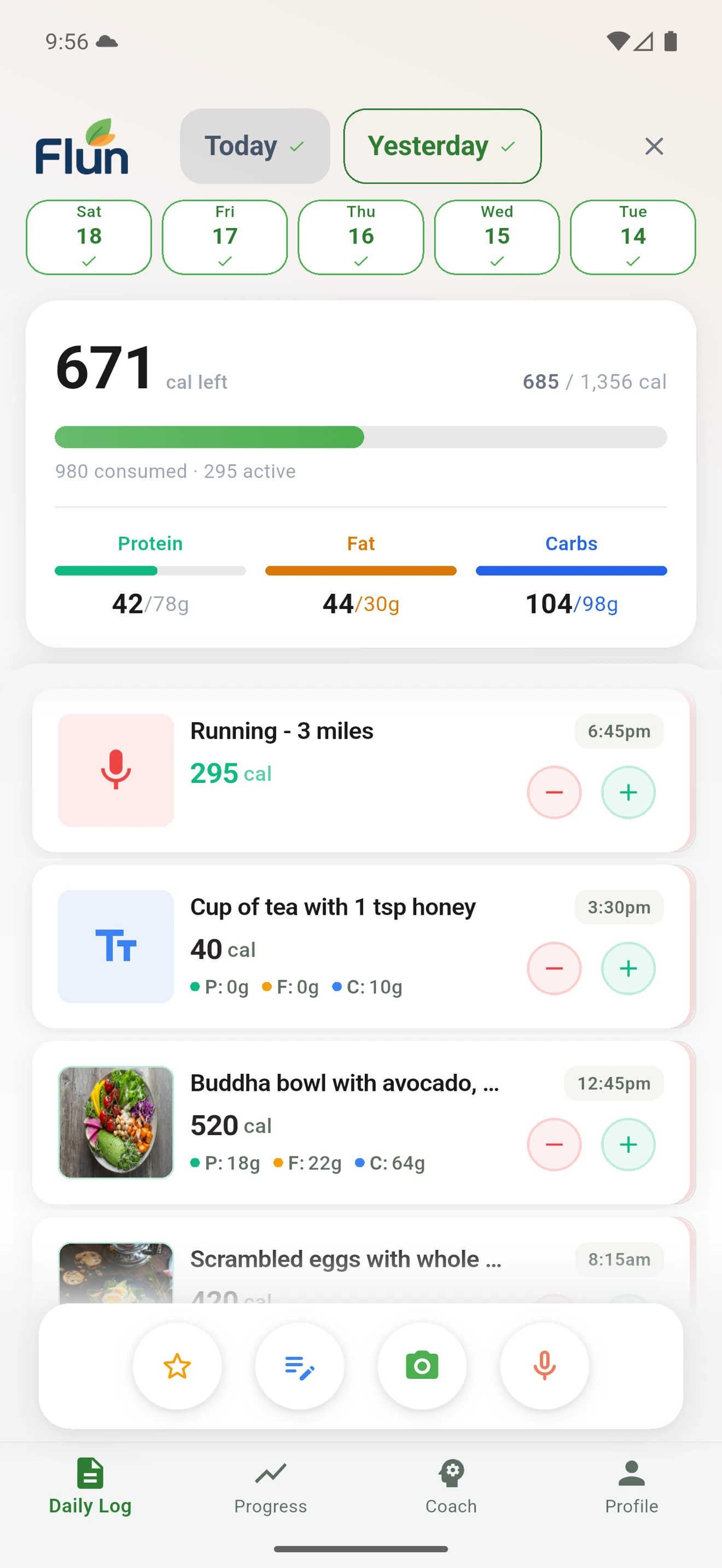 Flun daily log screen showing calorie target and recent meals